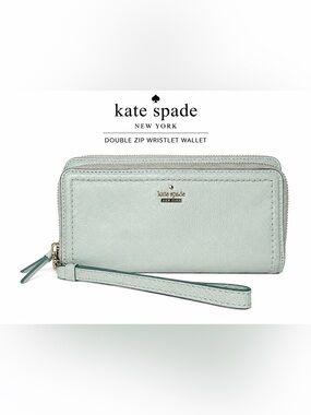 Kate Spade New York Mint Green Pebbled Leather Double Zip Wristlet Wallet